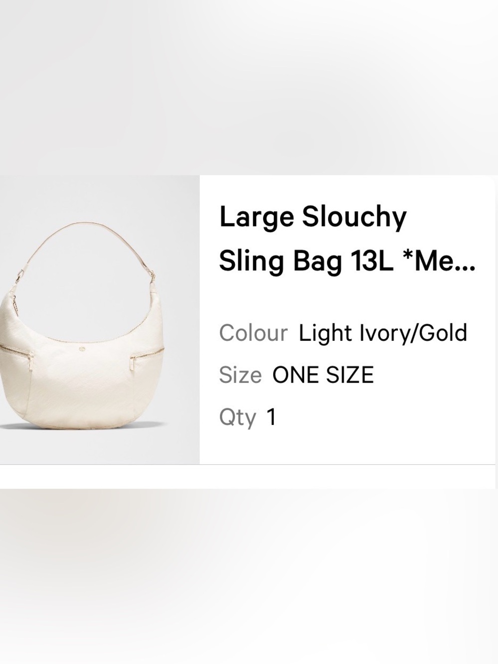 Rare NWOT Lululemon Light Ivory Large Slouchy Sling Bag 13 L w gold hardware